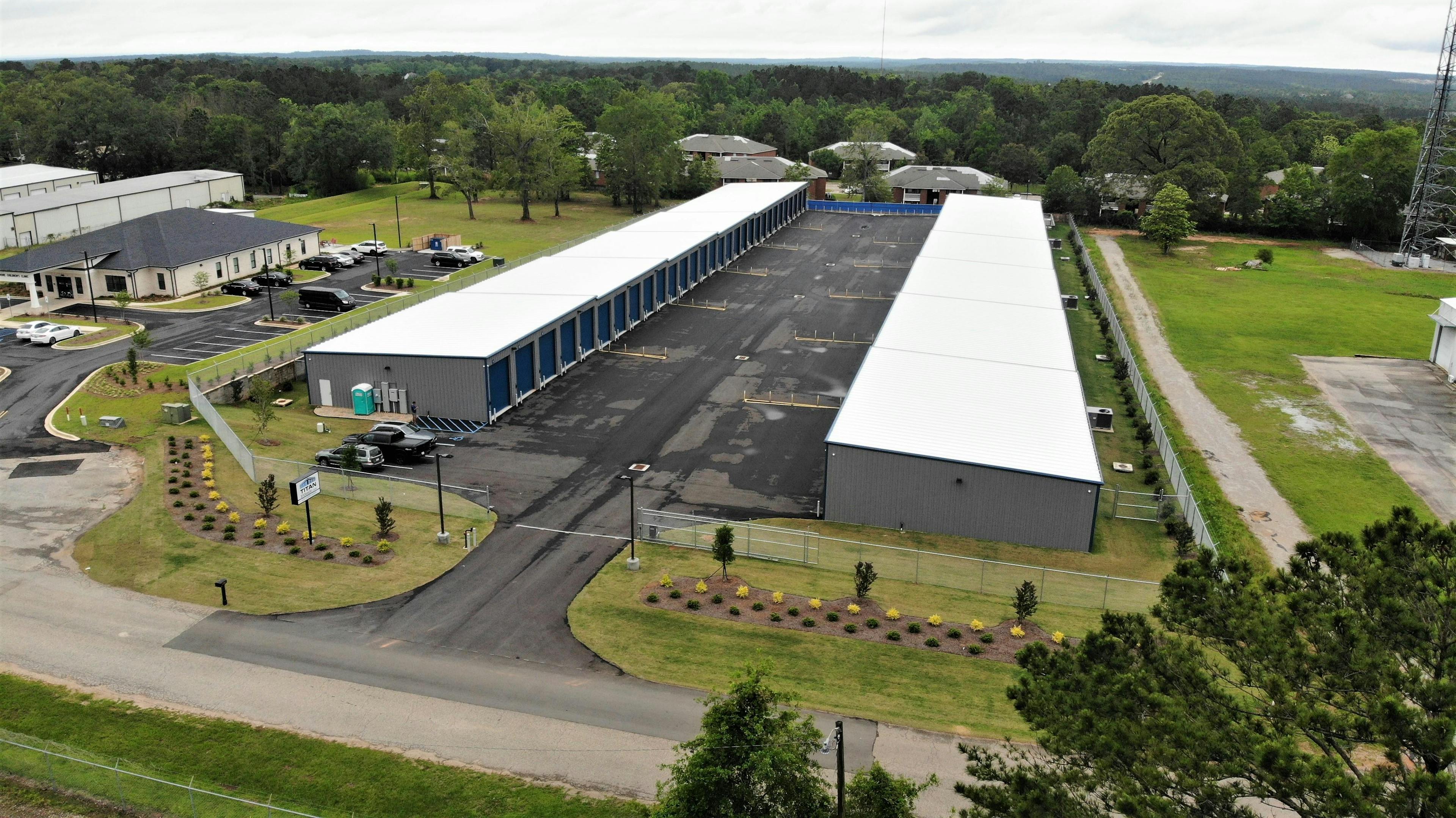 Overview of Spanish Fort Climate-Controlled Oversized Storage Facility showing wide driveway and large units